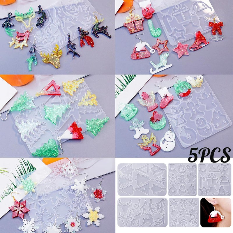 ZQYSING (5 Pack) Resin Earring Molds, Resin Jewelry Molds Christmas Silicone Pendant Molds Various Shapes Christmas Tree Snowflake Snowman Elk for DIY Earring Pendant Keychain Ornament Gift - Image 2